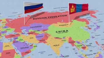 Mongolia e Russia bandiera agitando con il mondo carta geografica, senza soluzione di continuità ciclo continuo nel vento, 3d interpretazione video