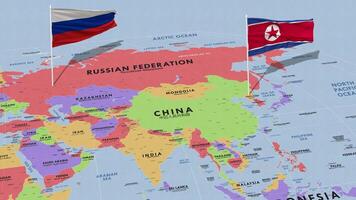 nord Corea e Russia bandiera agitando con il mondo carta geografica, senza soluzione di continuità ciclo continuo nel vento, 3d interpretazione video