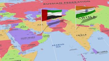 United Arab Emirates and India Flag Waving with The World Map, Seamless Loop in Wind, 3D Rendering video