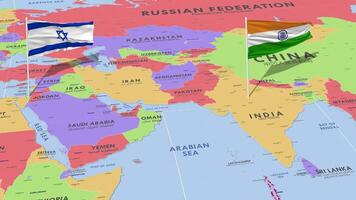 Israel y India bandera ondulación con el mundo mapa, sin costura lazo en viento, 3d representación video