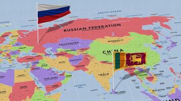 sri lanka y Rusia bandera ondulación con el mundo mapa, sin costura lazo en viento, 3d representación video