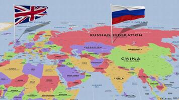 Russia and United Kingdom Flag Waving with The World Map, Seamless Loop in Wind, 3D Rendering video