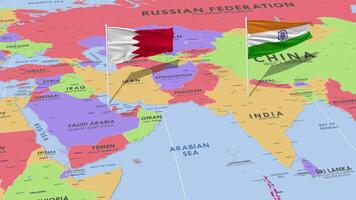 bahrein y India bandera ondulación con el mundo mapa, sin costura lazo en viento, 3d representación video