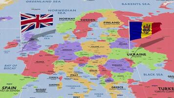 Moldova and United Kingdom Flag Waving with The World Map, Seamless Loop in Wind, 3D Rendering video