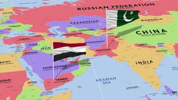 jemen och pakistan flagga vinka med de värld Karta, sömlös slinga i vind, 3d tolkning video
