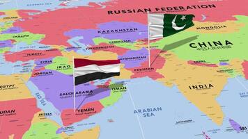 Yemen and Pakistan Flag Waving with The World Map, Seamless Loop in Wind, 3D Rendering video