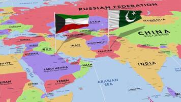 Kuwait y Pakistán bandera ondulación con el mundo mapa, sin costura lazo en viento, 3d representación video