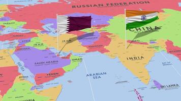 Qatar and India Flag Waving with The World Map, Seamless Loop in Wind, 3D Rendering video