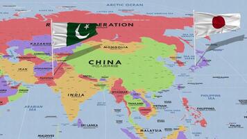 Giappone e Pakistan bandiera agitando con il mondo carta geografica, senza soluzione di continuità ciclo continuo nel vento, 3d interpretazione video