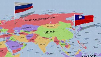 Taiwán y Rusia bandera ondulación con el mundo mapa, sin costura lazo en viento, 3d representación video