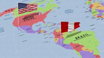 Peru and United States Flag Waving with The World Map, Seamless Loop in Wind, 3D Rendering video