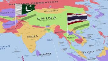 Tailandia y Pakistán bandera ondulación con el mundo mapa, sin costura lazo en viento, 3d representación video