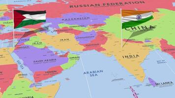 Palestina y India bandera ondulación con el mundo mapa, sin costura lazo en viento, 3d representación video