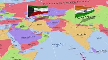 Kuwait e India bandiera agitando con il mondo carta geografica, senza soluzione di continuità ciclo continuo nel vento, 3d interpretazione video