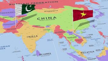 Vietnam e Pakistan bandiera agitando con il mondo carta geografica, senza soluzione di continuità ciclo continuo nel vento, 3d interpretazione video