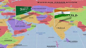 ksa, regno di Arabia arabia e India bandiera agitando con il mondo carta geografica, senza soluzione di continuità ciclo continuo nel vento, 3d interpretazione video