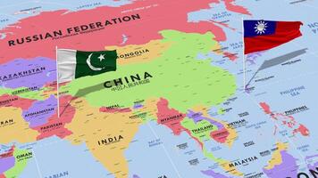 Taiwán y Pakistán bandera ondulación con el mundo mapa, sin costura lazo en viento, 3d representación video