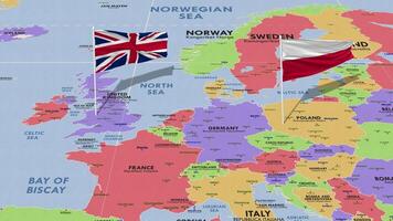 Poland and United Kingdom Flag Waving with The World Map, Seamless Loop in Wind, 3D Rendering video