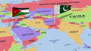 Jordan and Pakistan Flag Waving with The World Map, Seamless Loop in Wind, 3D Rendering video