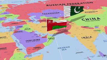 oman och pakistan flagga vinka med de värld Karta, sömlös slinga i vind, 3d tolkning video