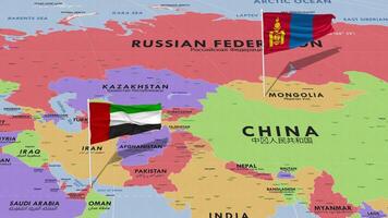 United Arab Emirates and Mongolia Flag Waving with The World Map, Seamless Loop in Wind, 3D Rendering video