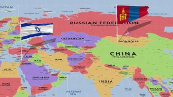 Israel y Mongolia bandera ondulación con el mundo mapa, sin costura lazo en viento, 3d representación video