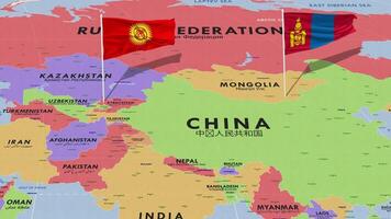 Kyrgyzstan and Mongolia Flag Waving with The World Map, Seamless Loop in Wind, 3D Rendering video