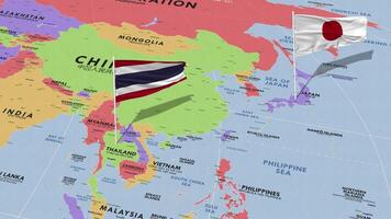 Thaïlande et Japon drapeau agitant avec le monde carte, sans couture boucle dans vent, 3d le rendu video