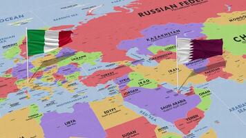 Katar und Italien Flagge winken mit das Welt Karte, nahtlos Schleife im Wind, 3d Rendern video