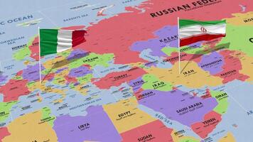 Iran and Italy Flag Waving with The World Map, Seamless Loop in Wind, 3D Rendering video