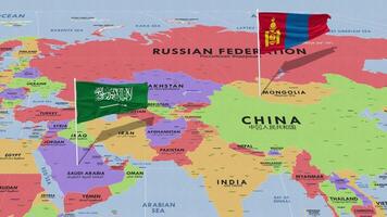 ksa, Reino de saudi arabia y Mongolia bandera ondulación con el mundo mapa, sin costura lazo en viento, 3d representación video