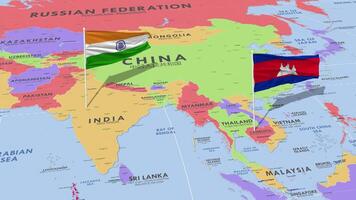 Cambogia e India bandiera agitando con il mondo carta geografica, senza soluzione di continuità ciclo continuo nel vento, 3d interpretazione video