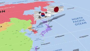 South Korea and Japan Flag Waving with The World Map, Seamless Loop in Wind, 3D Rendering video