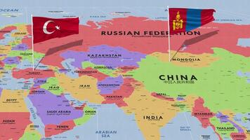 Turkey and Mongolia Flag Waving with The World Map, Seamless Loop in Wind, 3D Rendering video