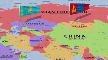 kazakhstan et Mongolie drapeau agitant avec le monde carte, sans couture boucle dans vent, 3d le rendu video