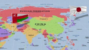 Oman und Japan Flagge winken mit das Welt Karte, nahtlos Schleife im Wind, 3d Rendern video