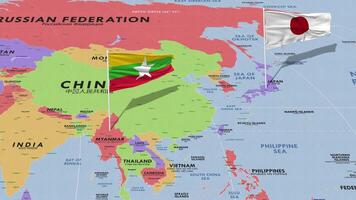 Myanmar, birmania e Giappone bandiera agitando con il mondo carta geografica, senza soluzione di continuità ciclo continuo nel vento, 3d interpretazione video