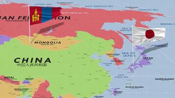 Mongolia y Japón bandera ondulación con el mundo mapa, sin costura lazo en viento, 3d representación video