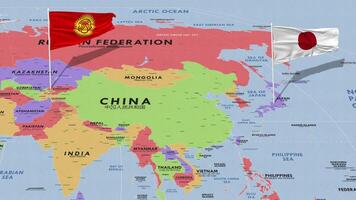 Kyrgyzstan and Japan Flag Waving with The World Map, Seamless Loop in Wind, 3D Rendering video