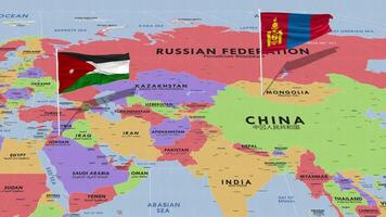 Jordan and Mongolia Flag Waving with The World Map, Seamless Loop in Wind, 3D Rendering video