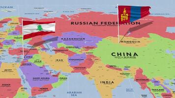 Lebanon and Mongolia Flag Waving with The World Map, Seamless Loop in Wind, 3D Rendering video