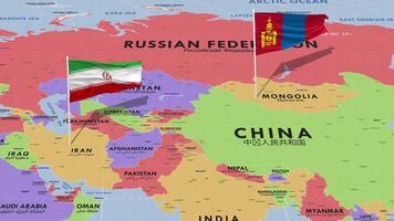 Iran and Mongolia Flag Waving with The World Map, Seamless Loop in Wind, 3D Rendering video