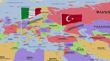 Turquía y Italia bandera ondulación con el mundo mapa, sin costura lazo en viento, 3d representación video