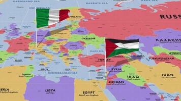 Palestina y Italia bandera ondulación con el mundo mapa, sin costura lazo en viento, 3d representación video