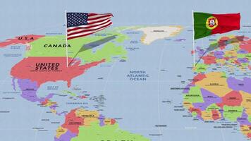 Portugal e Unidos estados bandeira acenando com a mundo mapa, desatado ciclo dentro vento, 3d Renderização video