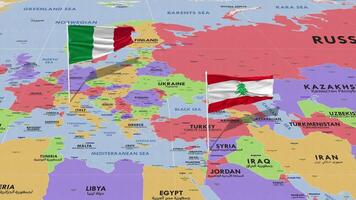 Lebanon and Italy Flag Waving with The World Map, Seamless Loop in Wind, 3D Rendering video