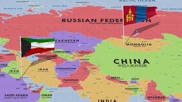 Kuwait y Mongolia bandera ondulación con el mundo mapa, sin costura lazo en viento, 3d representación video