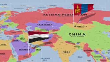 Iémen e Mongólia bandeira acenando com a mundo mapa, desatado ciclo dentro vento, 3d Renderização video
