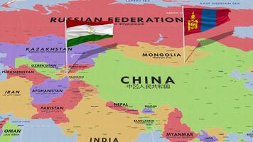 Tajikistan and Mongolia Flag Waving with The World Map, Seamless Loop in Wind, 3D Rendering video