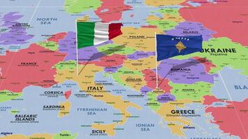 Kosovo and Italy Flag Waving with The World Map, Seamless Loop in Wind, 3D Rendering video